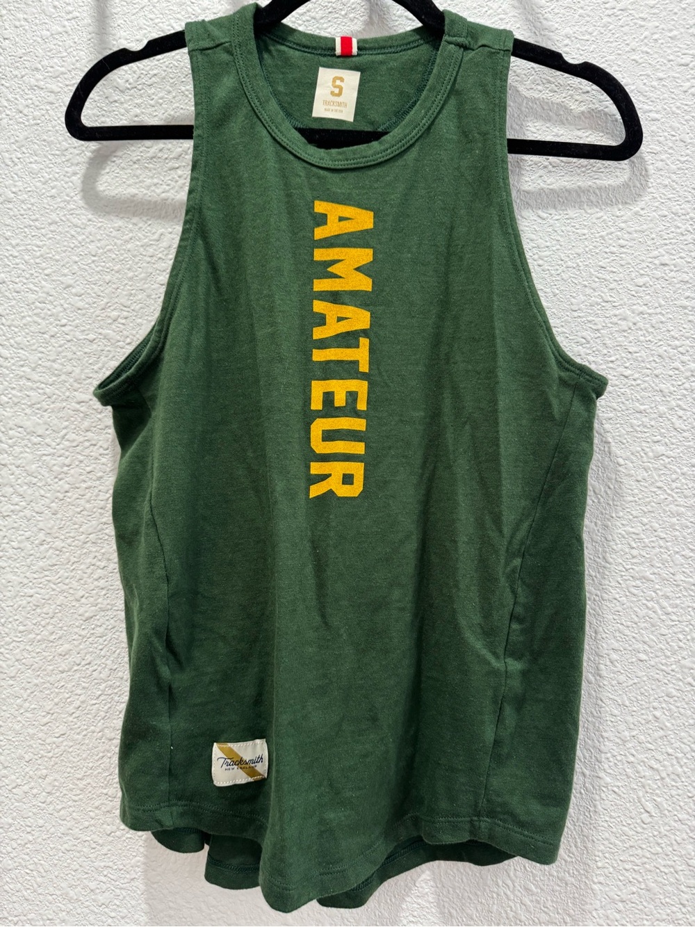 Tracksmith Green Tank Top with Yellow AMATEUR Vertical Graphic